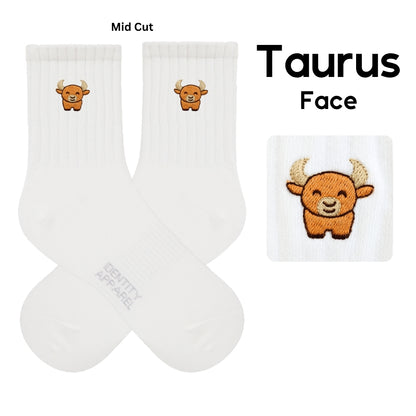 Star Signs Collection Cute Zodiacs Embroidered Basic Mid Cut Quarter Length Cotton Socks