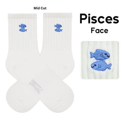 Star Signs Collection Cute Zodiacs Embroidered Basic Mid Cut Quarter Length Cotton Socks