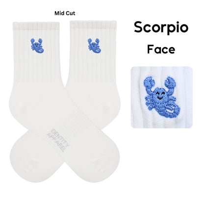 Star Signs Collection Cute Zodiacs Embroidered Basic Mid Cut Quarter Length Cotton Socks