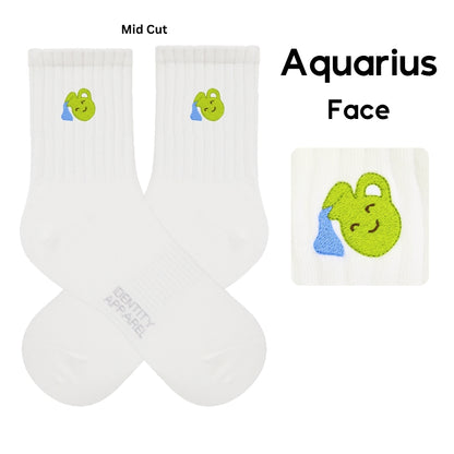 Star Signs Collection Cute Zodiacs Embroidered Basic Mid Cut Quarter Length Cotton Socks
