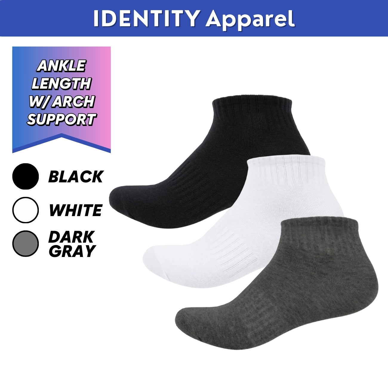 Mens Basic Ankle Length Cotton Socks with Arch Support - IDENTITY Apparel Shop