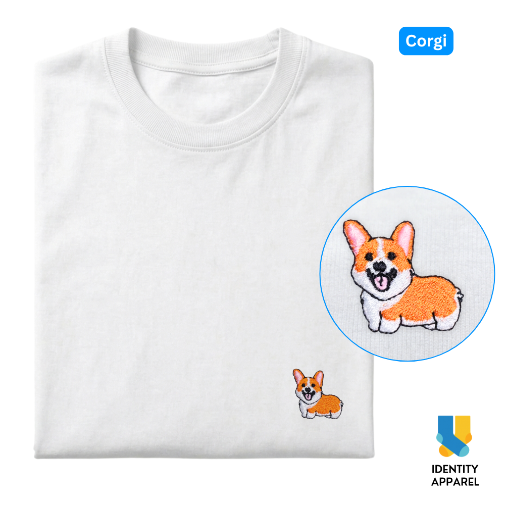 Corgi Embroidered Premium Cotton Plain T-Shirt