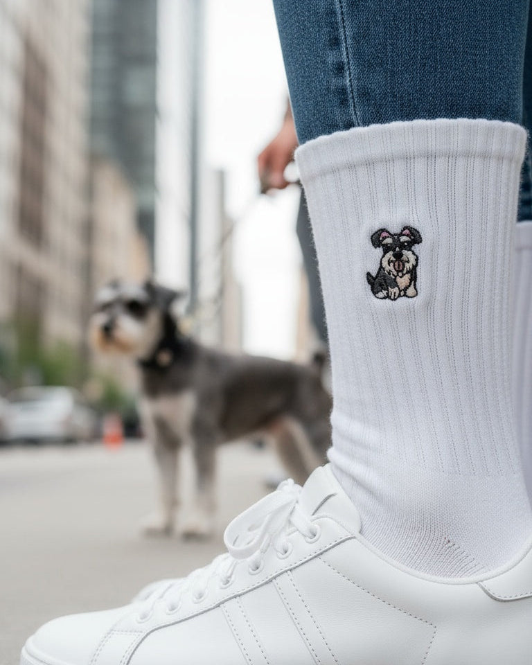 Person wearing white sneakers and socks with a dog in the background