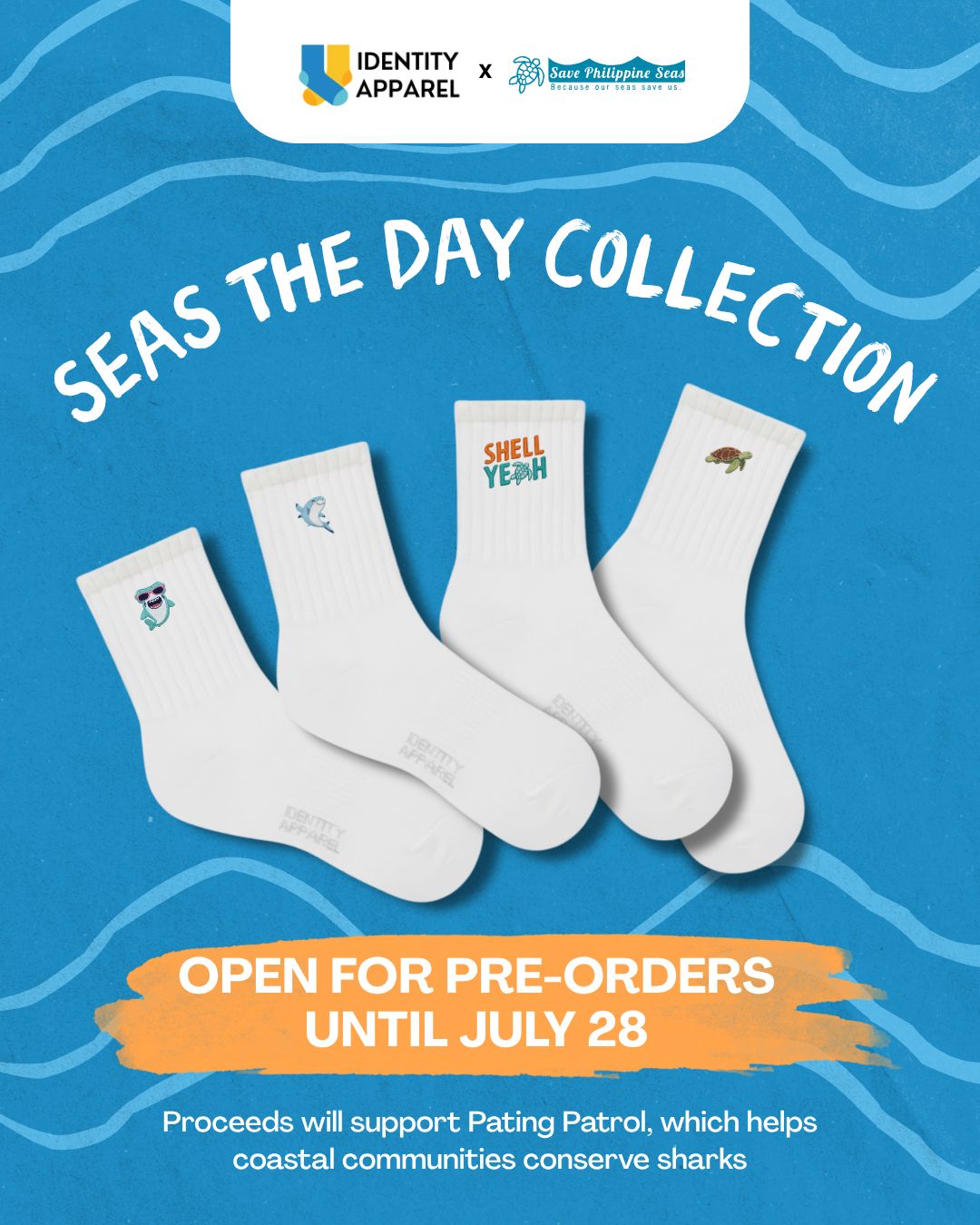 Promotional graphic for the Seas the Day Collection featuring four white crew socks with various colorful graphic prints on a blue water-wave background. The top displays a logo collaboration between Identity Apparel and The Reef Initiative, and the bottom includes a call to action for pre-orders.