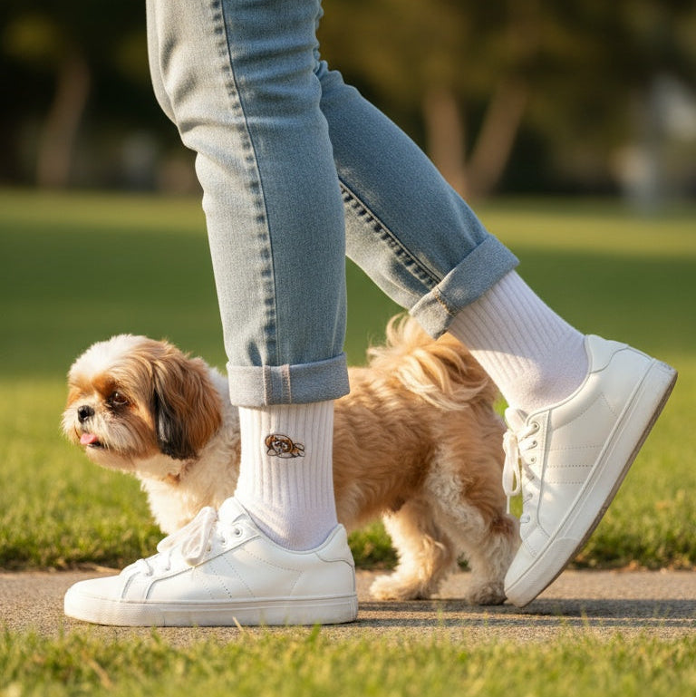 Person wearing white sneakers and blue jeans with a small dog on a grassy area.