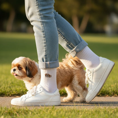 Person wearing white sneakers and blue jeans with a small dog on a grassy area.