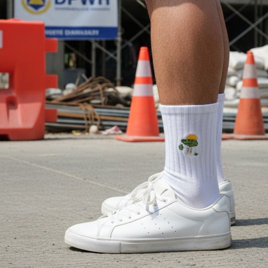 Person wearing white sneakers and socks with a logo, standing on a construction site with DPWH signage.
