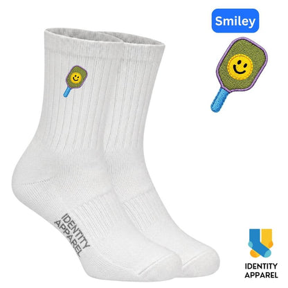 Smiley pickleball embroidered cotton socks – White
