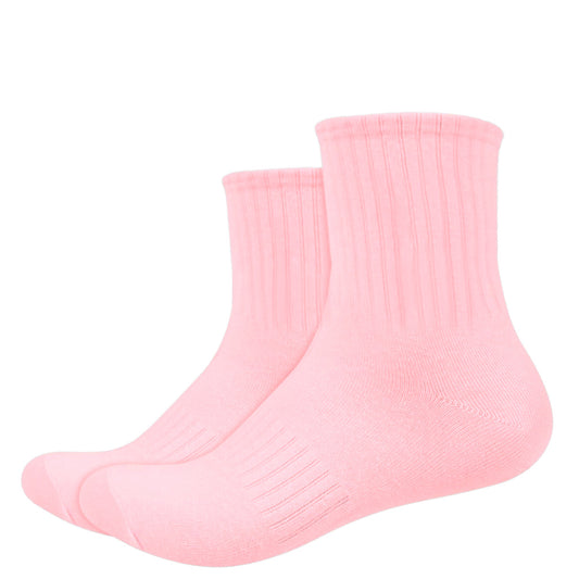 Colored Quarter Length Mid Cut Cotton Socks with Striped Ribbing and Arch Support