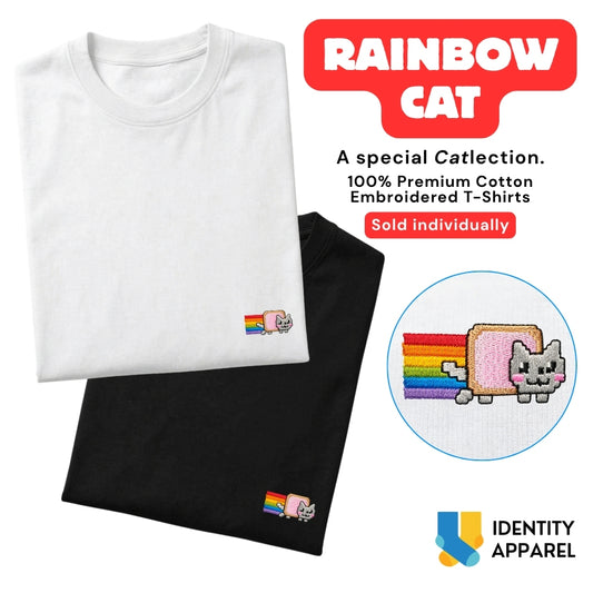 Rainbow Cat Embroidered Premium Cotton T-Shirt | Cattitude Collection