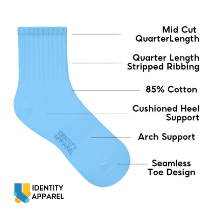Colored Quarter Length Premium Cotton Socks with Garterized Ribbing and Arch Support
